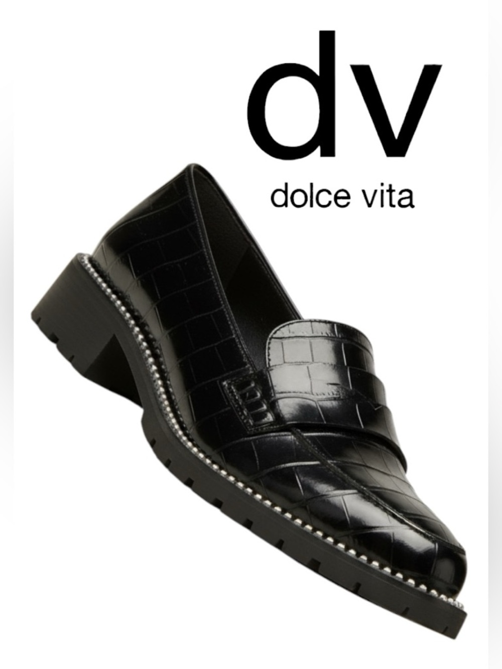 DV Dolce Vita Black Cali Studded Croc Embossed Chunky Lug Sole Loafers Size 7